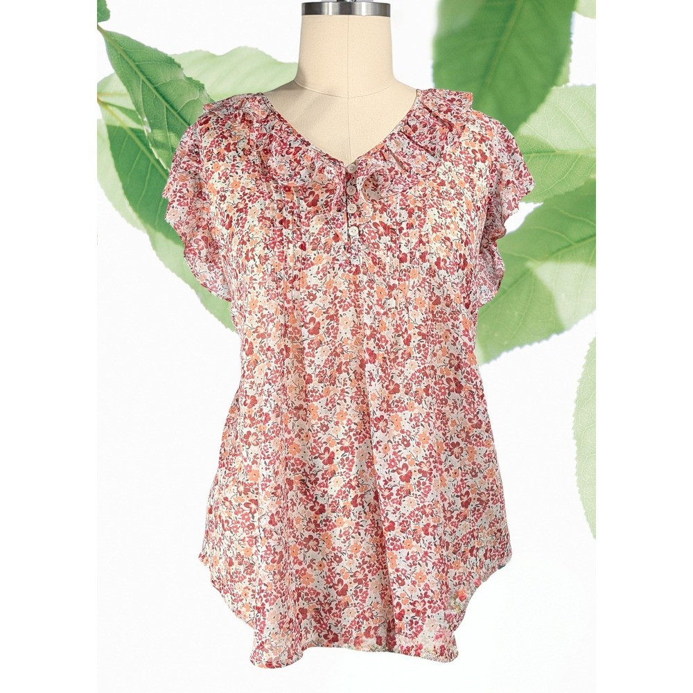 Torrid Sz 4 Ruffle Trim Top Floral Print Blouse Pleated V Neck Georgette Y2K